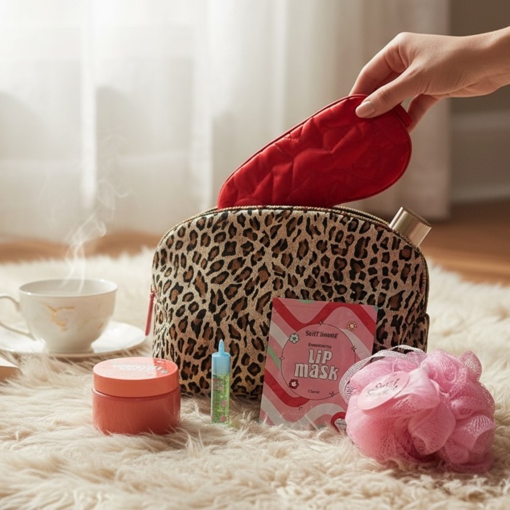 Once Upon a Rose Leopard Cosmetic Bag w/ Sweet Shimmer Beauty Set Travel